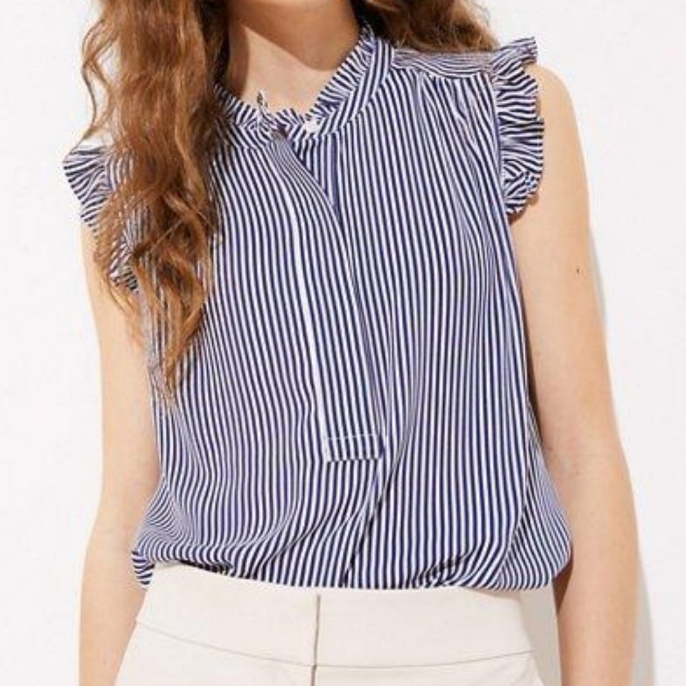 NWT Loft Petites Striped Ruffle Henley Shell